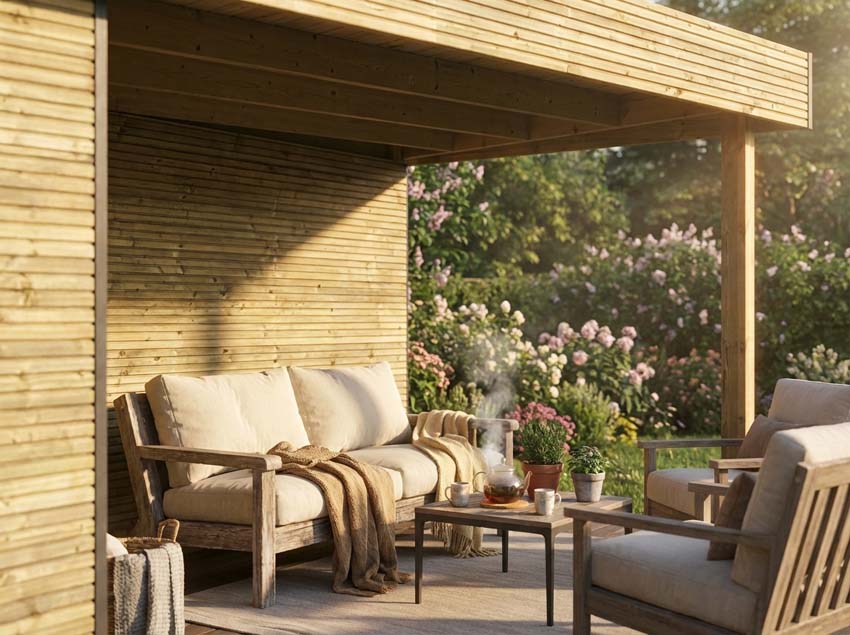 Studio de jardin Amelia L + terrasse bois de pin naturel 770x300x236cm double porte