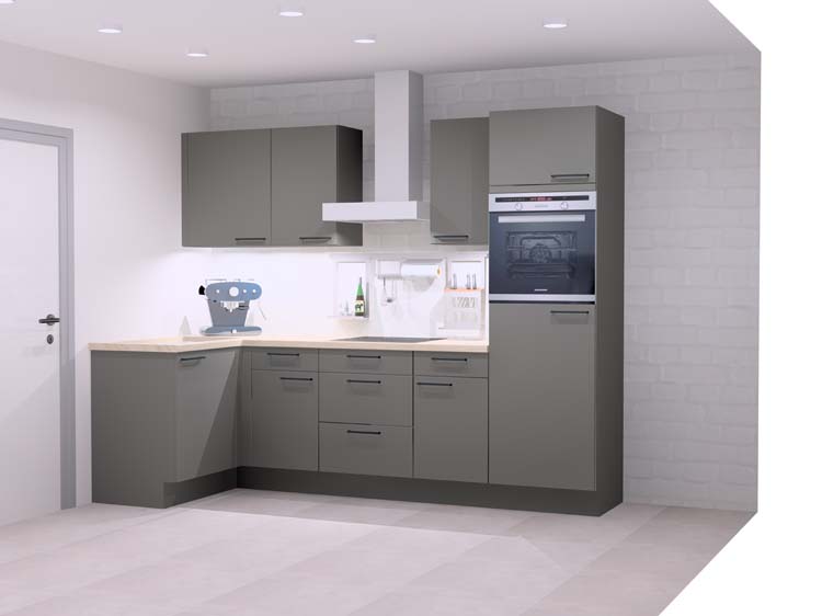 Hoekkeuken Premium 12B antraciet 275x125cm - voorgemonteerd - met toestellen - vitrokeramische kookplaat en inox wanddampkap