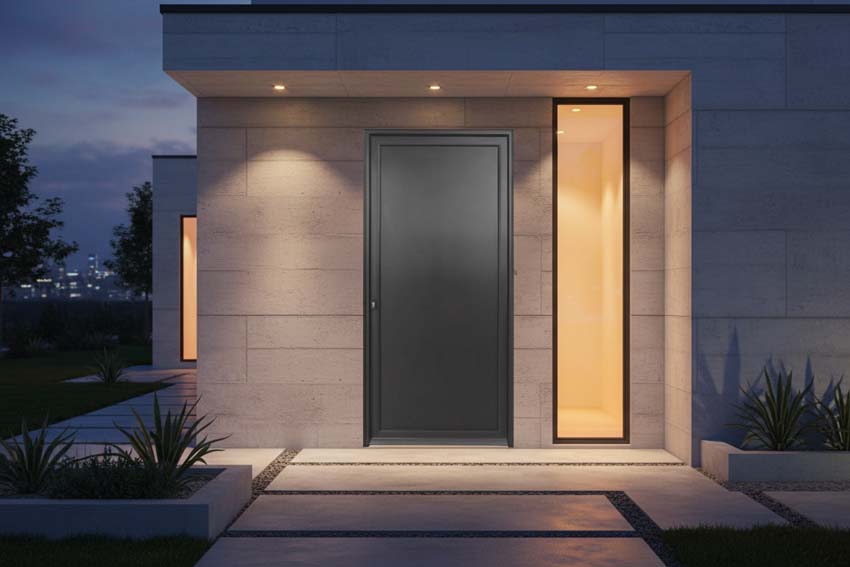 Porte extérieure Tavira en aluminium panneau plat noir 960x2180mm poussant à droite