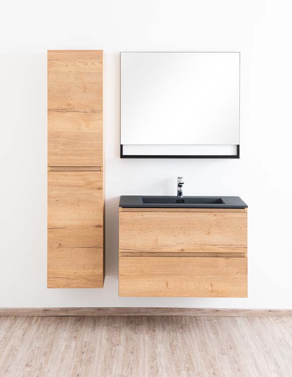 Badkamermeubel Daria eik goudbruin hangend met enkele wastafel mat zwart 90cm