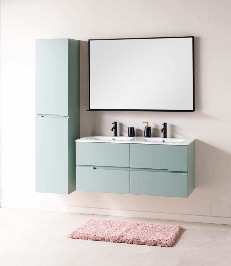 Meuble de salle de bains Truman vert gris suspendu avec lavabo double blanc brillant 120cm