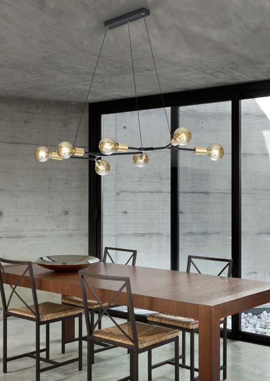 Hanglamp zwart/messing excl lamp LED mogelijk  6 lampen