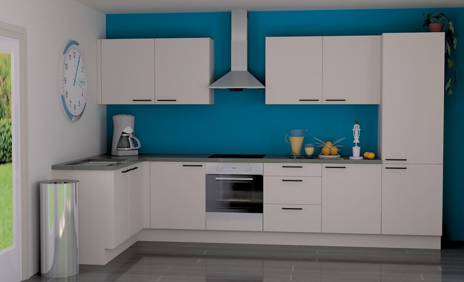 Cuisine d'angle Premium 16A blanche 365x165cm - pré-montée - avec appareils - plaque de cuisson vitrocéramique et hotte murale en inox