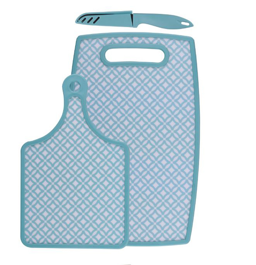 Planche à découper plastique turquoise/blanc set de 2 + couteau