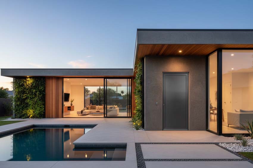 Buitendeur Tavira aluminium vlak paneel zwart op maat rechts duwend