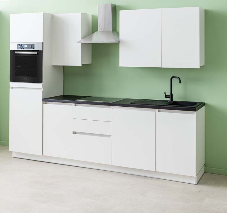 Cuisine Plenti blanche/noire 280cm - tiroirs - avec appareils - plaque de cuisson vitrocéramique et hotte murale en inox