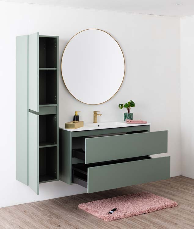 Meuble de salle de bains Dotan eucalyptus vert avec lavabo simple blanc mat 120cm