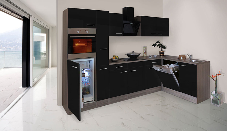 Hoekkeuken zwart/eik donker 310x172cm - met toestellen - vitrokeramische kookplaat en zwarte wanddampkap