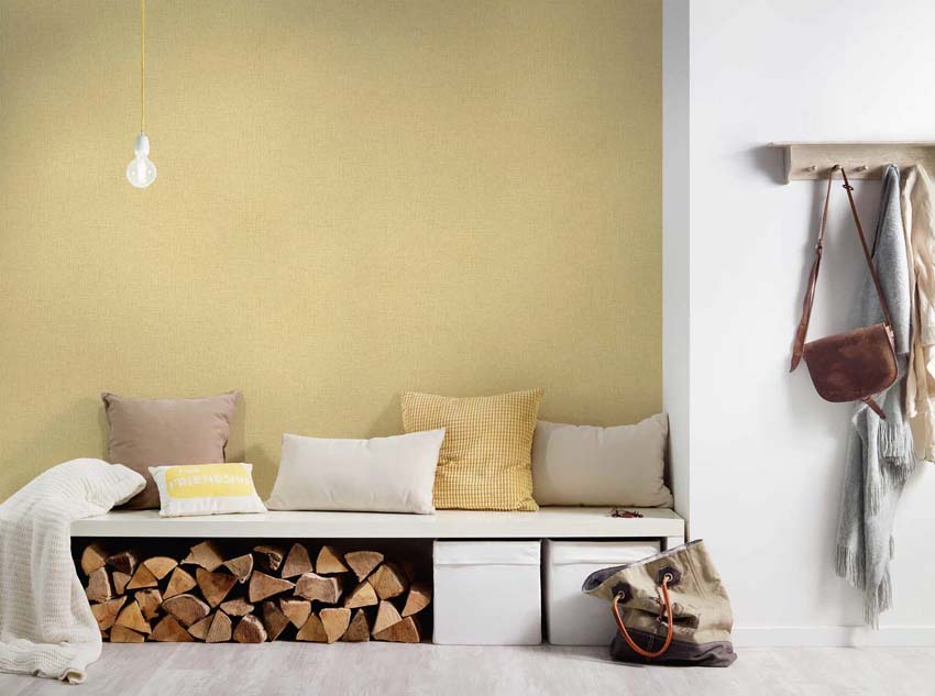 Vinyle sur papier peint intissé structure lin jaune/ocre 0,53x10m