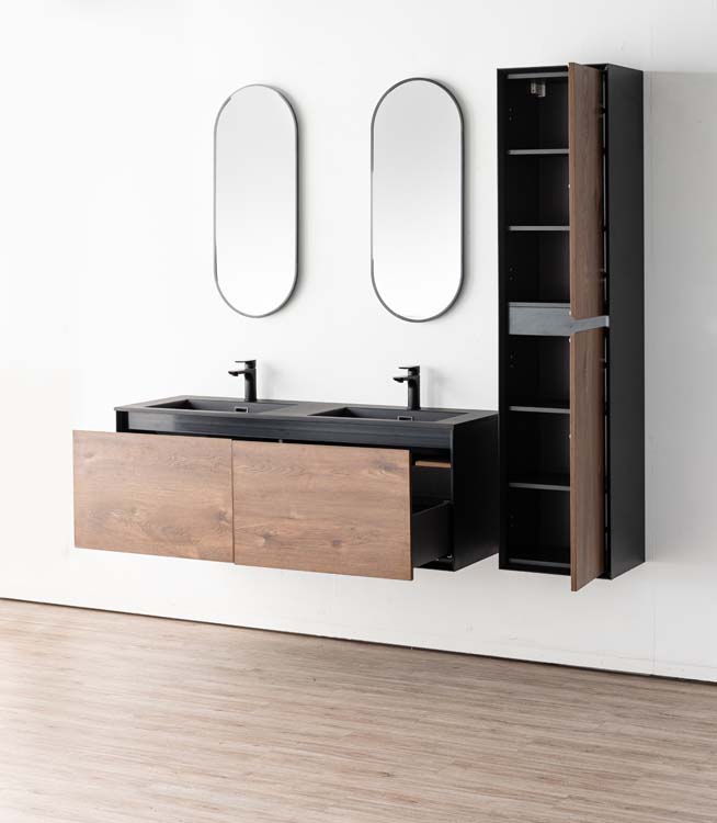 Meuble de salle de bains Justin noyer suspendu avec lavabo double noir mat 140cm