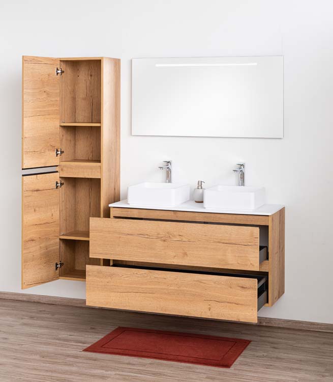 Meuble de salle de bain Daria chêne brun doré 1200 mm tablette en saillie mat