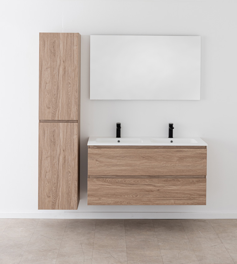 Badkamermeubel Bianca eiklook hangend met dubbele wastafel mat wit 120,5cm