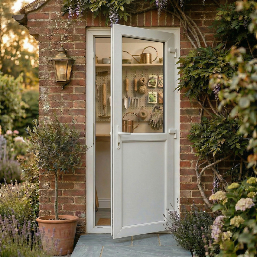 Porte extérieure semi-vitrée PVC verre clair blanc 980x2180mm ouvrant vers lextérieur à droite