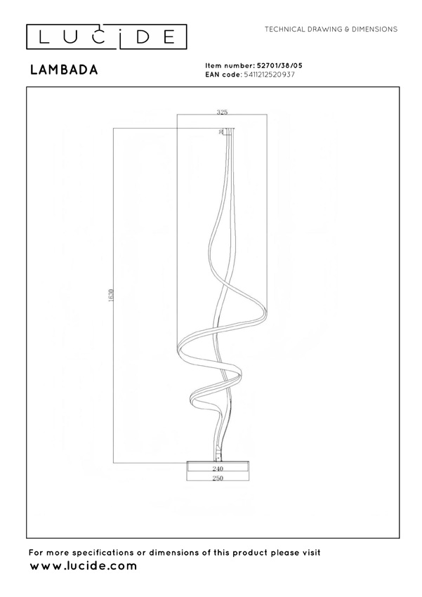 Lucide Premium Lambada - Vloerlamp - LED dimbaar - 1x38W - 2700K - Mat goud/messing