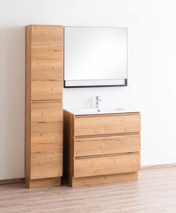 Meuble de salle de bain Daria chêne brun doré 900 mm sur pied lavabo brillant