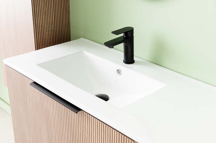 Meuble de salle de bains Nolan noyer suspendu avec lavabo simple à gauche blanc brillant 120cm