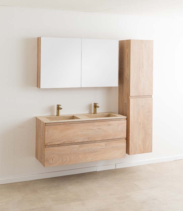 Meuble de salle de bain Tibo en chêne méditerranéen avec double lavabo aspect travertin 120cm