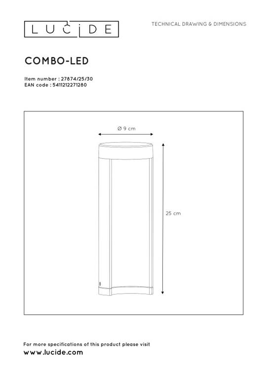 Lucide COMBO - Borne extérieur - Ø 9 cm - LED -7W 3000K - Noir