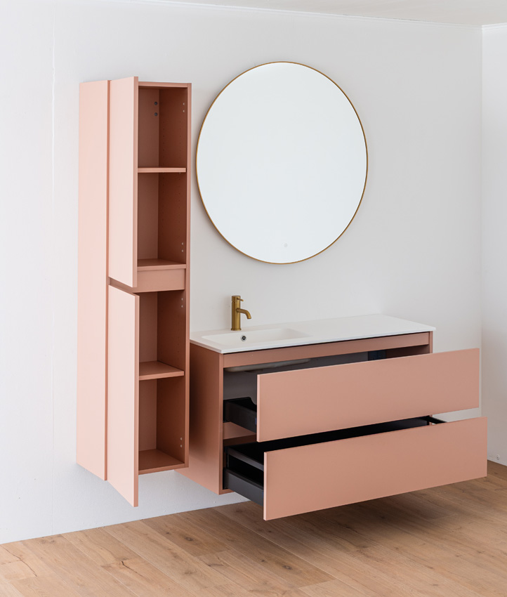 Meuble de salle de bains Dotan abricot suspendu avec lavabo simple gauche blanc mat 120cm