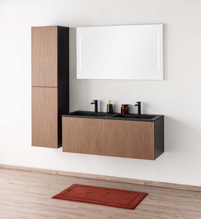 Meuble de salle de bains Dorian noyer suspendu avec lavabo double noir mat 120cm