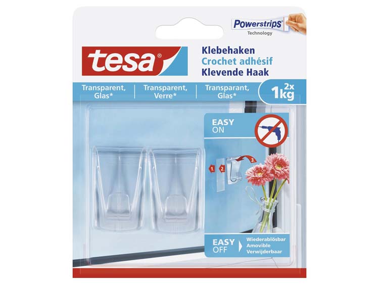 Crochet auto-adhésif Tesa pour matériaux transparents et verre 2 pcs