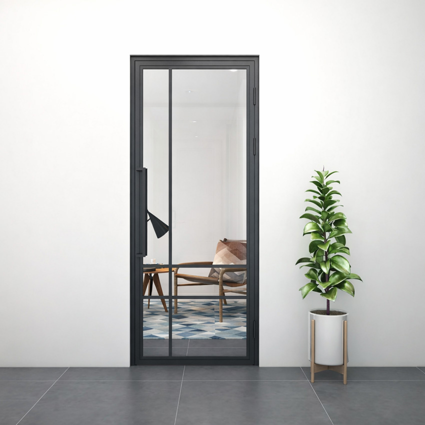 Porte intérieure en acier Tara noir 6W asymétrique 98x234,9cm poussant gauche