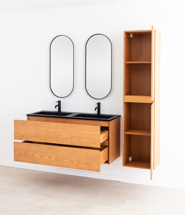 Badkamermeubel Fior eik hangend met dubbele wastafel mat zwart 120cm