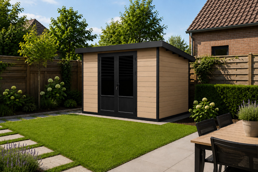 Abri de jardin Yana en bois composite stone grey/sandstone 290x290cm double porte