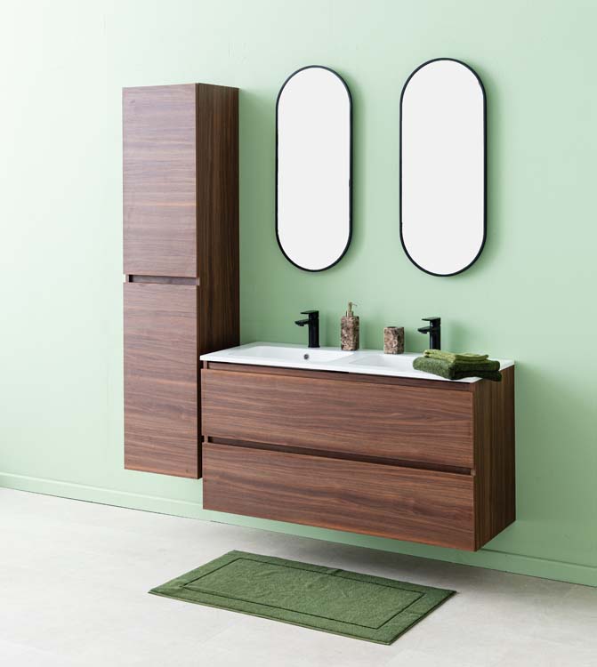 Meuble de salle de bains Dotan noyer suspendu avec lavabo double blanc brillant 120cm