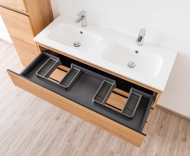 Meuble de salle de bain Daria chêne brun doré 1200 mm sur pied 2 lavabo brillant