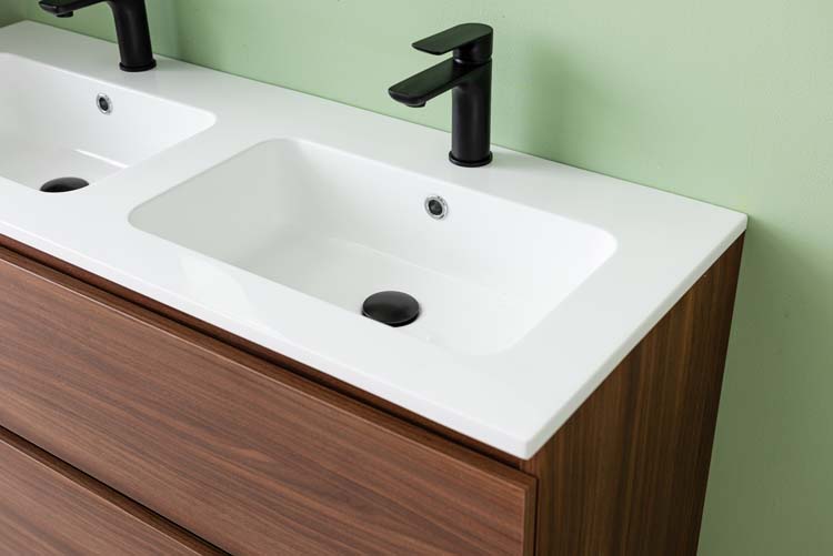 Meuble de salle de bains Dotan noyer suspendu avec lavabo double blanc brillant 120cm