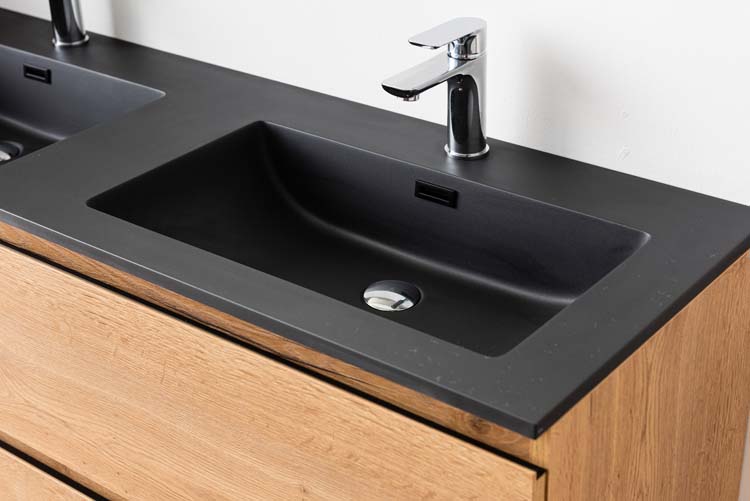 Meuble de salle de bain Daria chêne brun doré 1400 mm lavabo noir mat