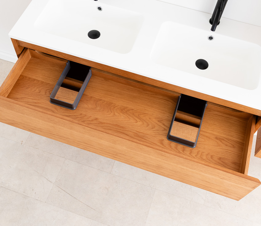 Badkamermeubel Fior eik hangend met dubbele wastafel mat wit 120cm