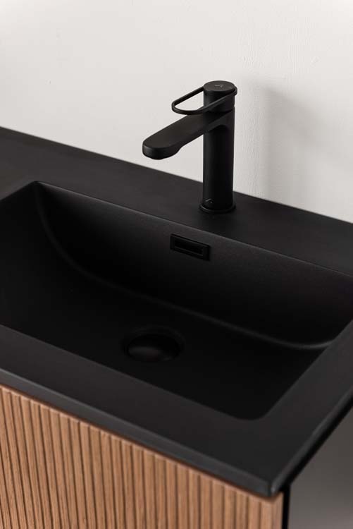 Meuble de salle de bains Dorian noyer suspendu avec lavabo double noir mat 120cm