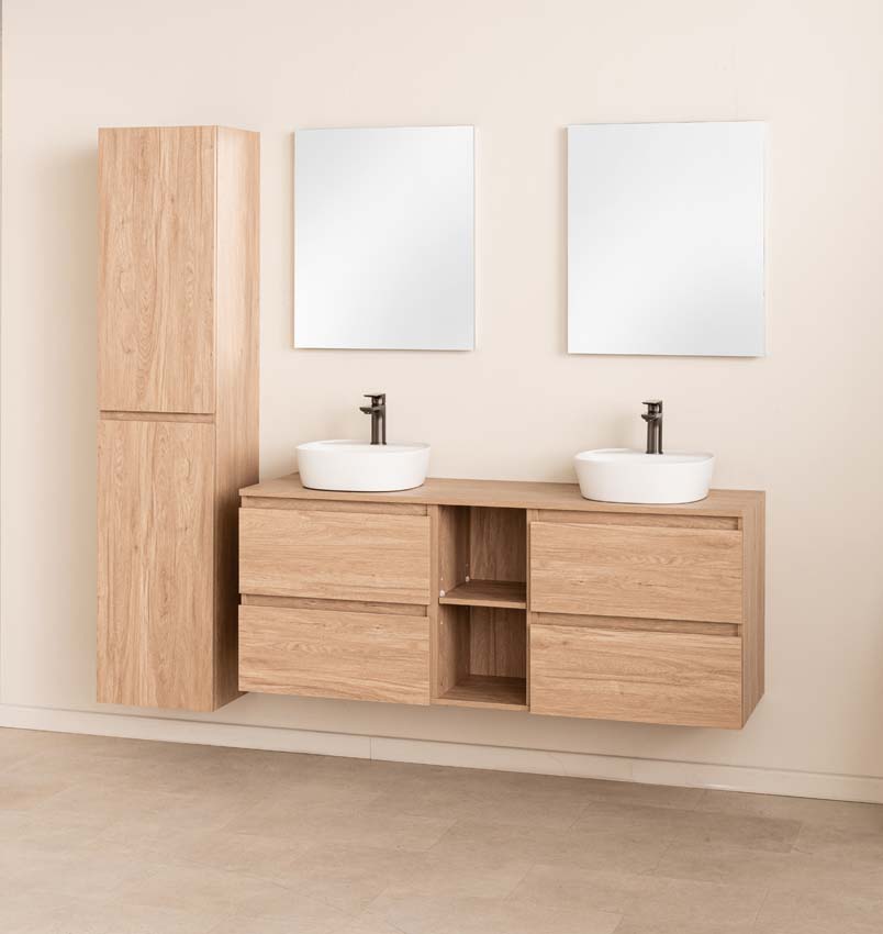 Badkamermeubel Bella eiklook 1500 mm dubbele wastafel wit met kraangat