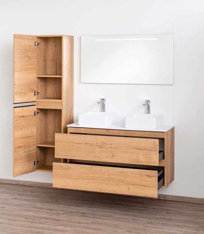 Meuble de salle de bain Daria chêne brun doré 1200 mm tablette en saillie mat