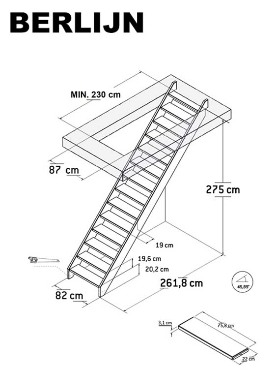 Escalier droit hêtre Berlijn 275x82cm