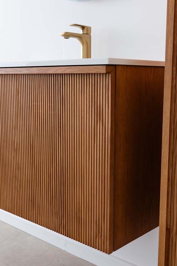 Badkamermeubel Fae eik hangend met enkele wastafel glanzend wit 90cm