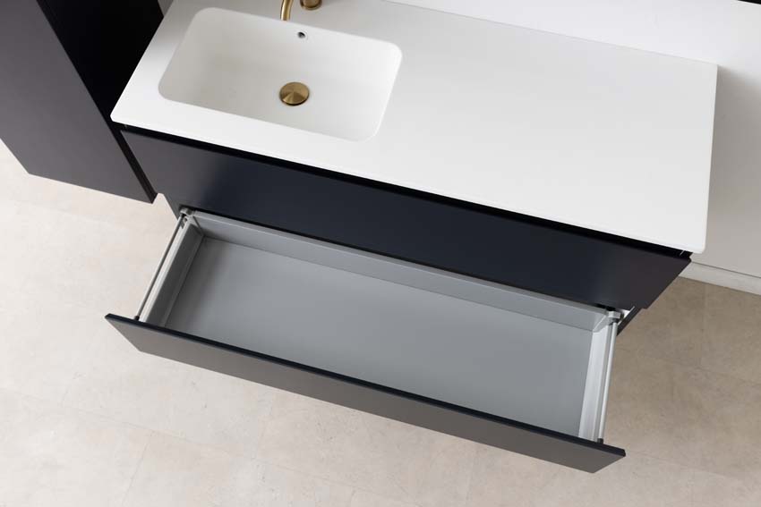 Meuble de salle de bains Tibo gris suspendu avec lavabo simple à gauche blanc mat 120cm