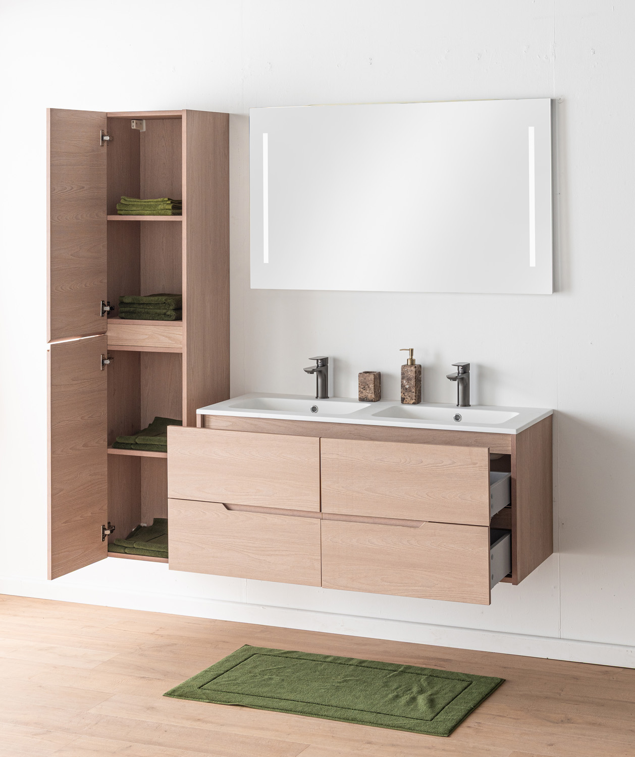 Meuble de salle de bains Tarik chêne Nordic suspendu avec double vasque blanc mat 120cm