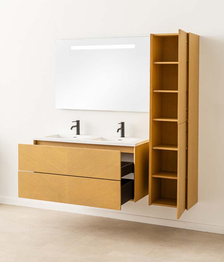 Meuble de salle de bains Waldorf chêne suspendu avec lavabo double en solid surface 120cm