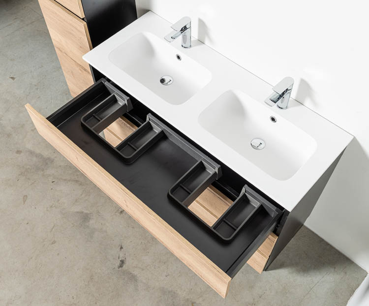 Meuble de salle de bain Dotan chêne/noir 1200 mm sur pied 2 lavabo mat