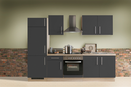 Cuisine Ymir gris mat/chêne 270 cm - plaque de cuisson vitrocéramique et hotte murale en inox - avec appareils