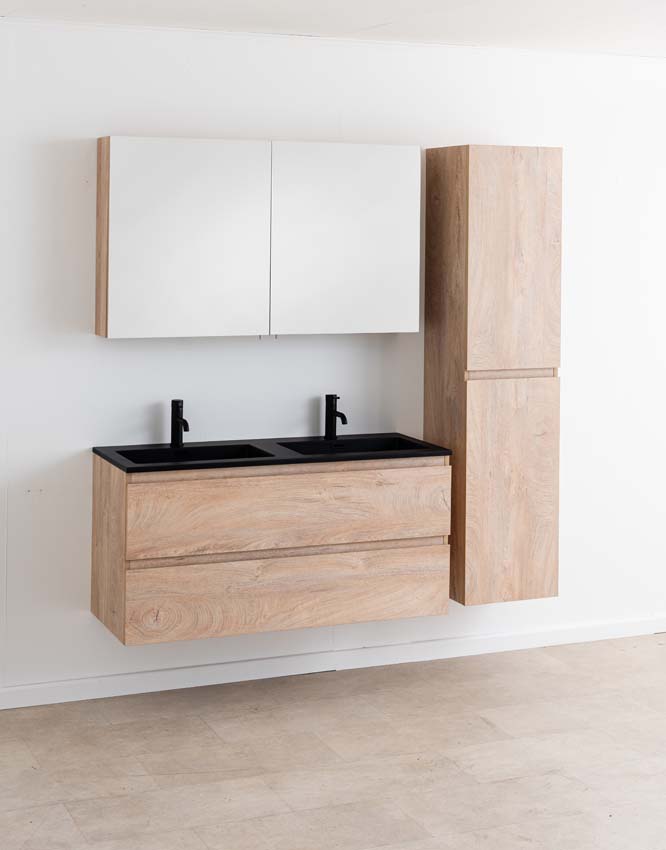 Meuble de salle de bain Tibo en chêne méditerranéen avec double lavabo noir mat 120cm