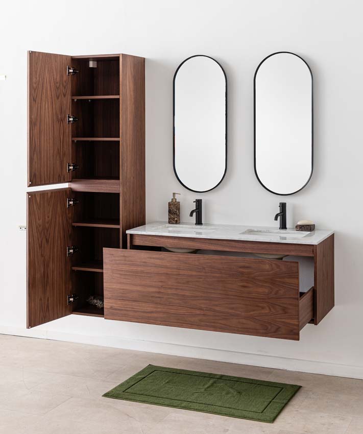 Meuble de salle de bains Falco noyer suspendu avec lavabo double effet marbre carrara 120cm
