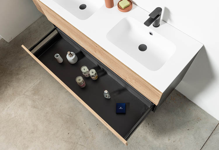 Meuble de salle de bain Dotan chêne/noir 1400 mm 2 lavabo mat