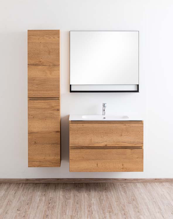 Badkamermeubel Daria eik goudbruin hangend met enkele wastafel glanzend wit 90cm