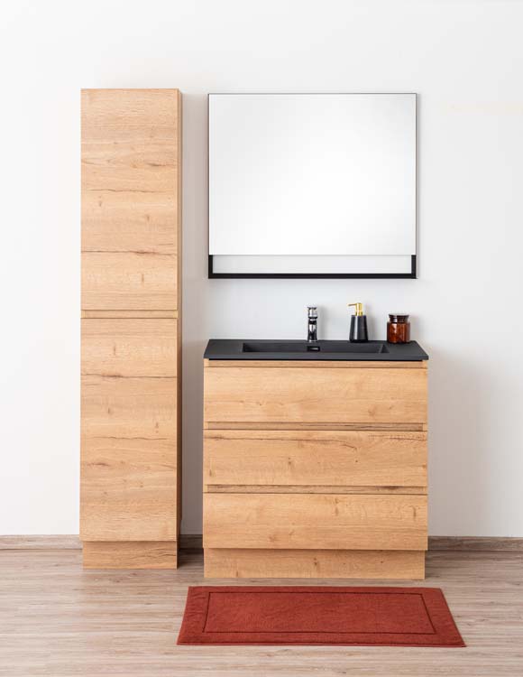 Meuble de salle de bain Daria chêne brun doré 900 mm sur pied lavabo noir mat Meuble de salle de bain Daria chêne brun doré 900 mm sur pied lavabo noir mat
