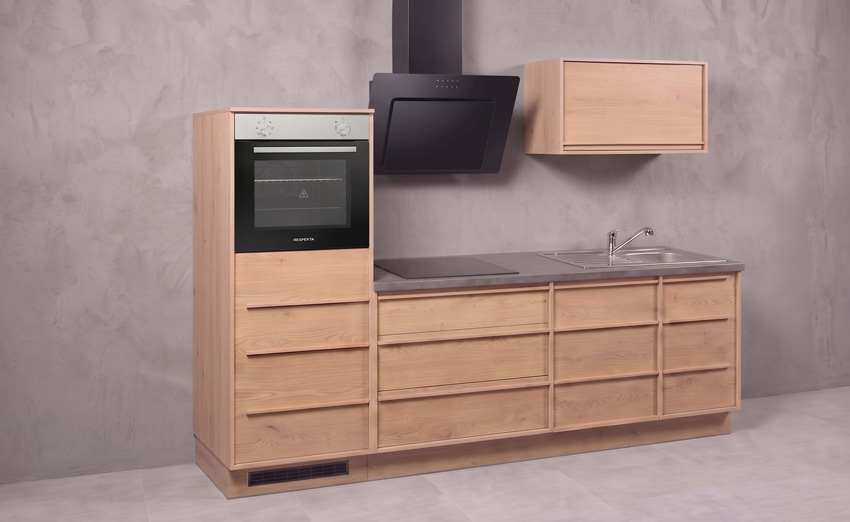 Cuisine Nara chêne 264cm - avec appareils - plaque de cuisson vitrocéramique et hotte murale noire