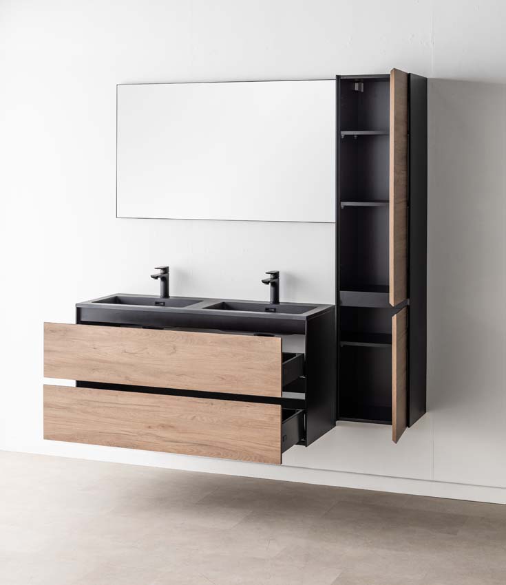Meuble de salle de bains Molly chêne suspendu avec lavabo double noir mat 120cm